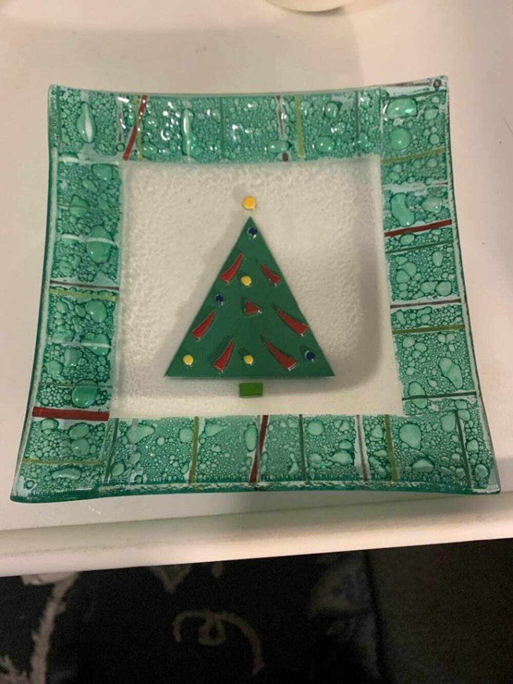 Gorham Christmas Splendor Fused Glass Plate Raised 3D Tree 6" Square